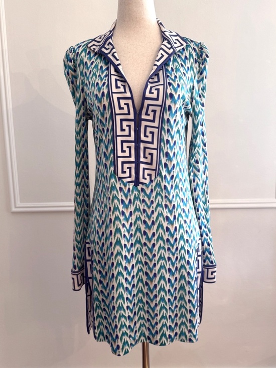 Diane Von Furstenberg Dresses & Skirts - Diane Von Furstenberg DVF Silk Greek Key Geometric Tunic Dress Size 12 Blue